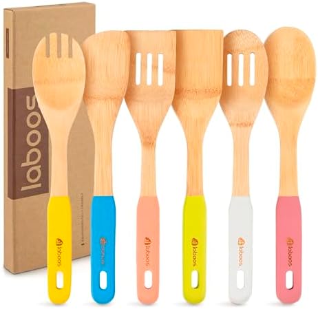 Colorful Bamboo Wooden Spoons for Cooking, 6-Piece Kitchen Utensil Set – Nonstick Cooking Tools with Lightweight Wood Spatula & Spoon – Apartment Essentials & Gift Idea