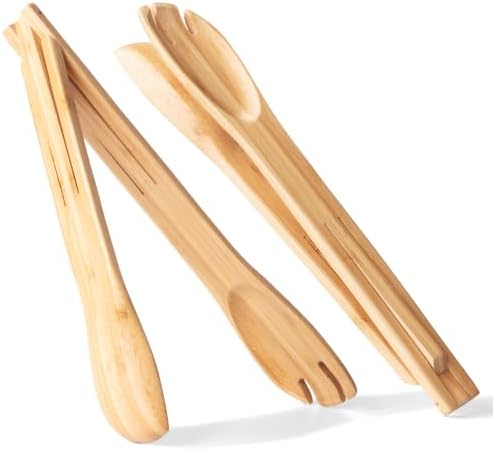 Thickened Bamboo Kitchen Tongs, 11.8 Inch Reverse-Fold Wooden Cooking Tongs with Inner Grooved Cradle and Forked Tips for Salad, Pasta, Fruit, BBQ and Camping