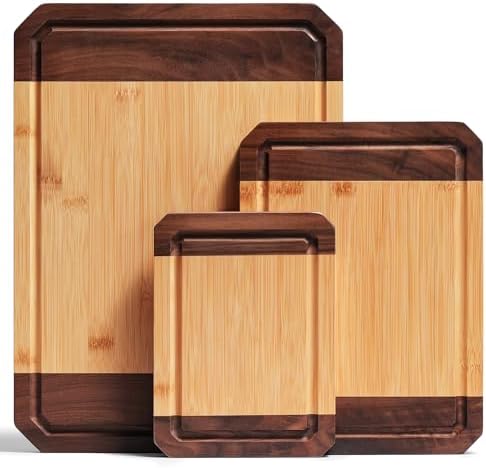 laboos Walnut Bamboo Cutting Board Set of 3 – Wood Cutting Boards for Kitchen with Juice Grooves & Recessed Handles, Reversible Charcuterie Serving Board, Large 15"x11" Medium 11"x8" Small 8"x6"